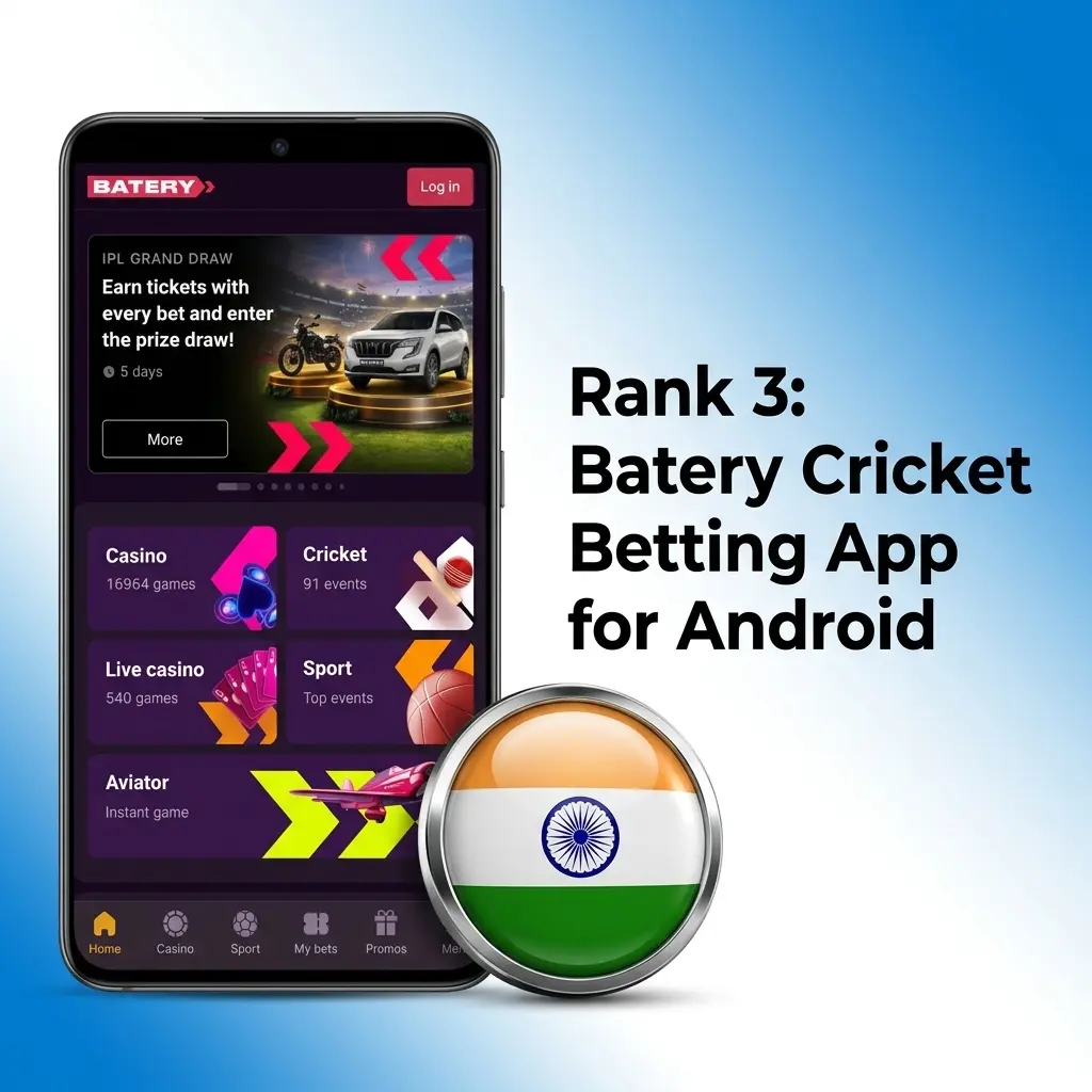 Batery cricket betting app for Android showing welcome bonus of 500% up to 1,50,000 INR and 430 free spins
