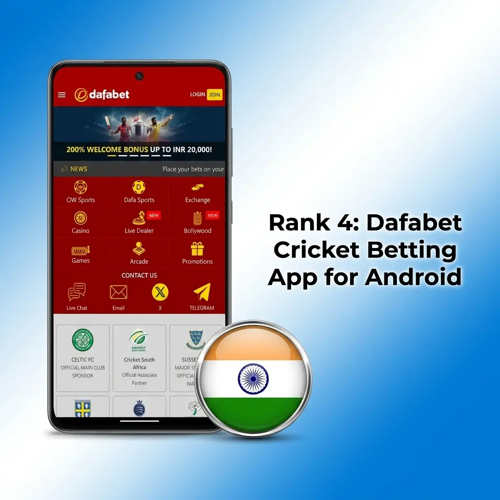 Dafabet cricket betting Android app interface showing odds, IPL markets, and payment options for Indian players