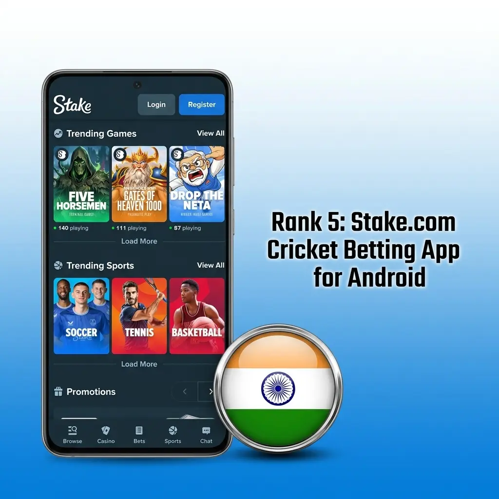 Stake.com cricket betting app for Android showing crypto deposit options and 75,000 USD Weekly Raffle promotion