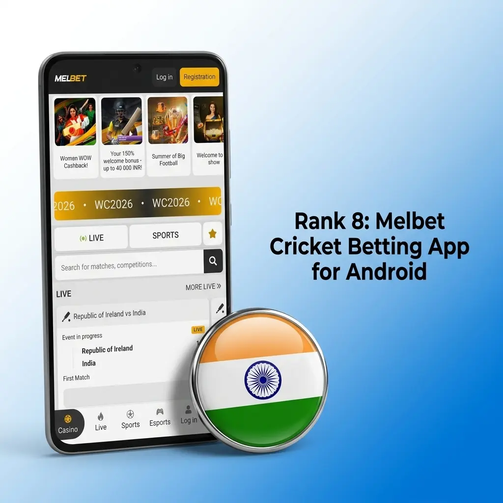 Melbet cricket betting Android app interface showing 60+ payment methods and 300% welcome bonus up to 50,000 INR
