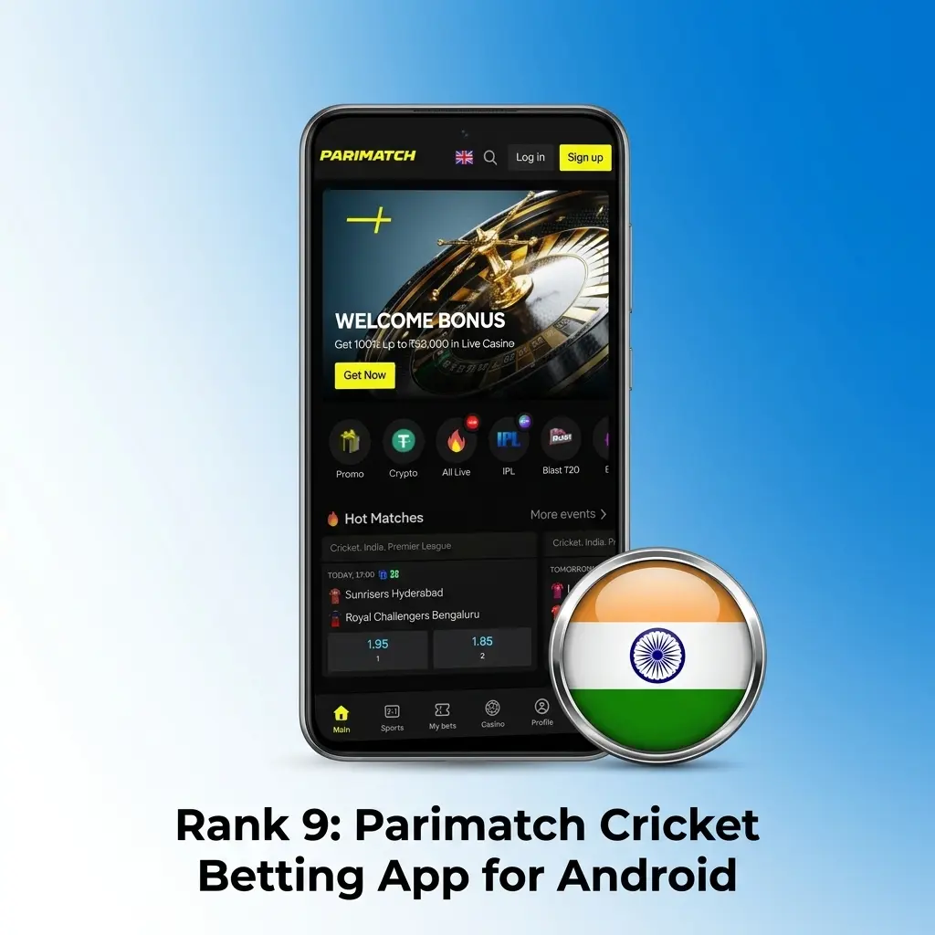 Parimatch cricket betting Android app interface showing USDT payment options and live ICC cricket markets for Indian bettors