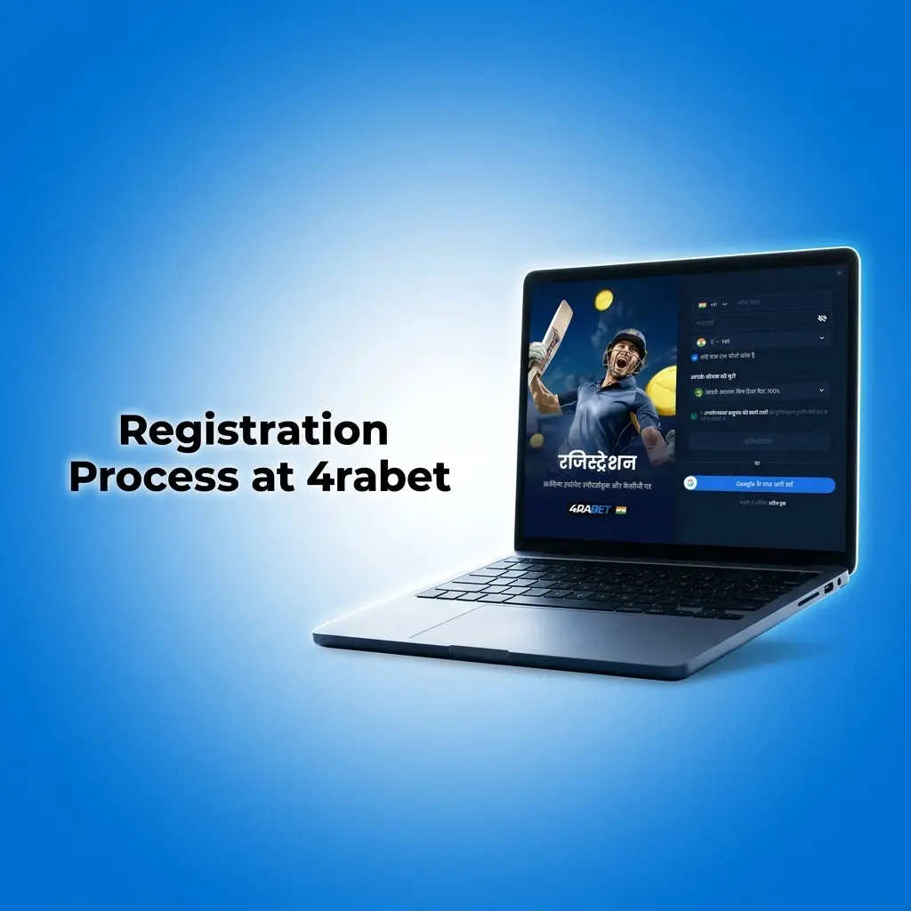 Step-by-step 4rabet registration process showing sign up options via email, phone, or one-click social login in India