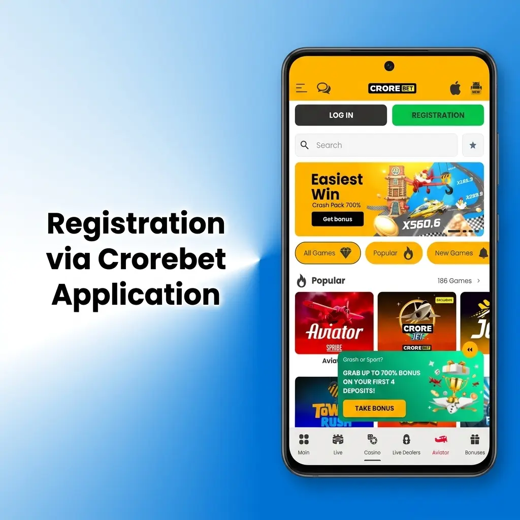 Crorebet mobile app registration form showing sign-up steps for Indian users including mobile number and INR currency selection