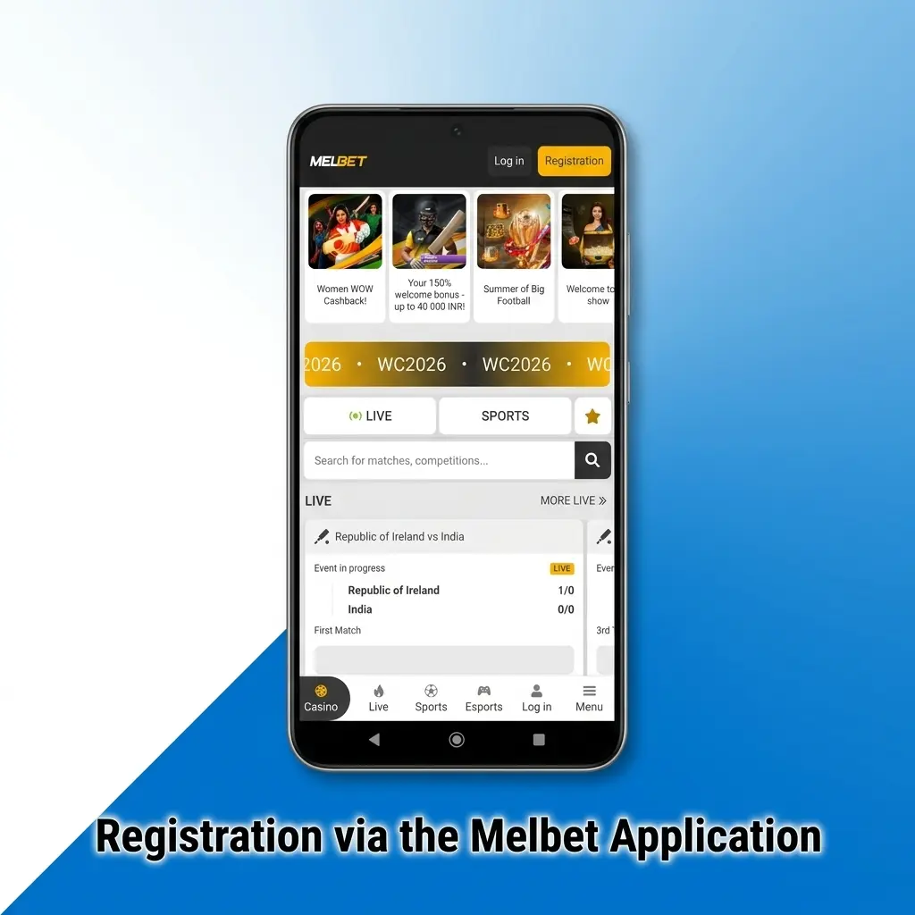 Melbet app registration steps showing phone, email, and social media sign-up options with INR currency and welcome bonus selection