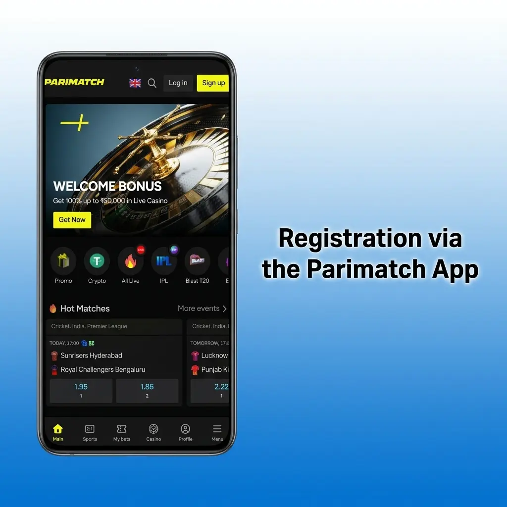 Parimatch app registration screen showing sign-up steps for Indian users with INR currency and mobile verification