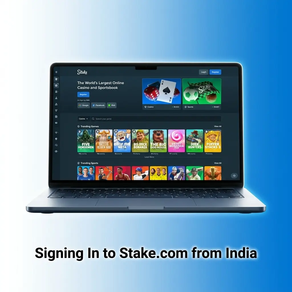 Stake.com login page on desktop showing email, password fields and Sign In button with SSL encryption