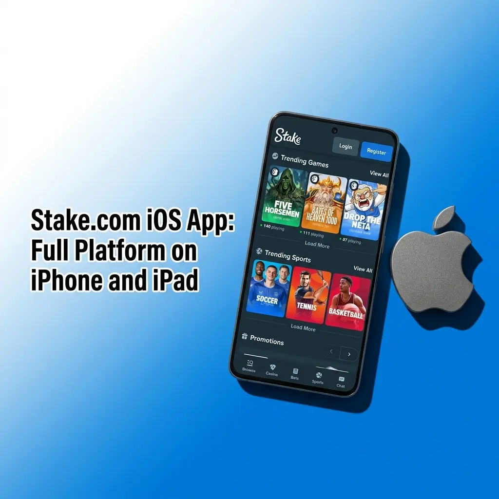 Stake.com iOS app interface displayed on iPhone and iPad with sports betting and casino features available