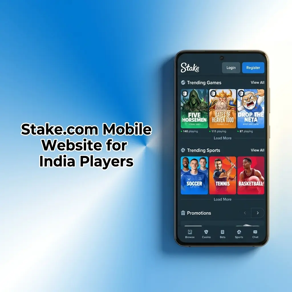 Stake.com mobile website interface on smartphone showing sports betting and casino features for India players