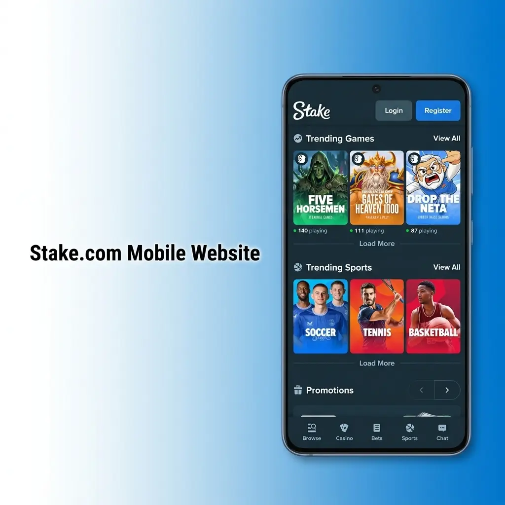 Stake.com mobile website interface showing sports betting and casino sections optimised for smartphone browsers in India